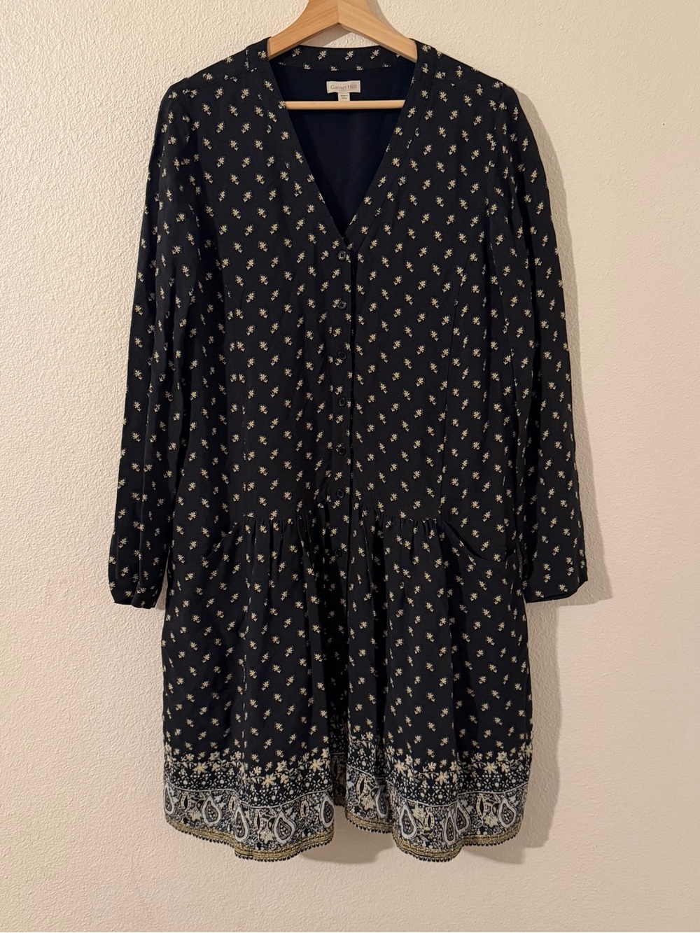 Garnet Hill Drop Waist Dress Womens Size 8 Navy Yellow Floral V-Neck Button Fron